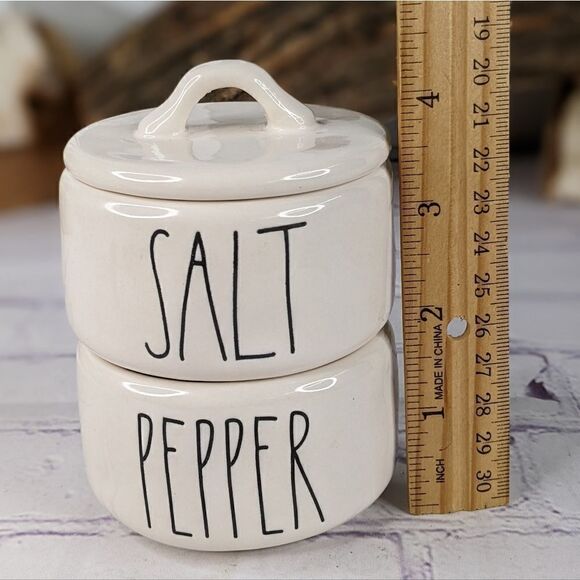 Rae Dunn SALT & PEPPER Ceramic 2 Piece Stacking Cellar Set with Lid - Picture 5 of 6